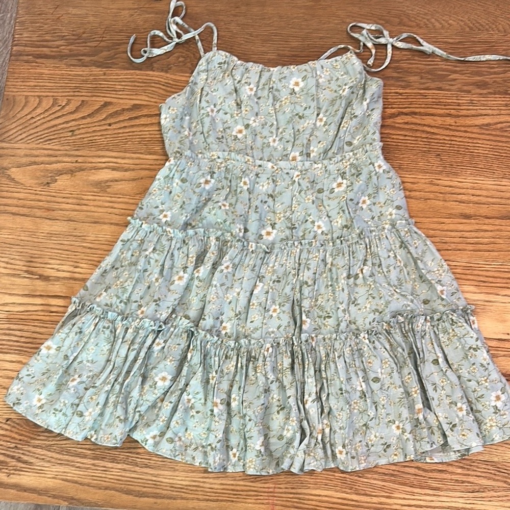 Altar’d State soft green floral tiered dress with tied-spaghetti strap
